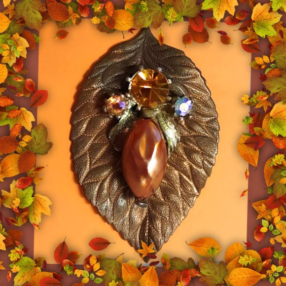 Jewel Embellished Upcycled Leaf Brooch - Picture 5 of 12
